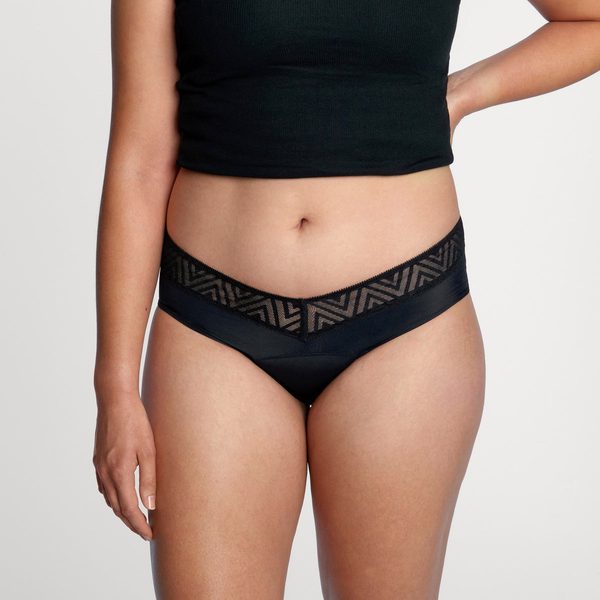 Thinx Comfort Stretch Hiphugger in black, front view